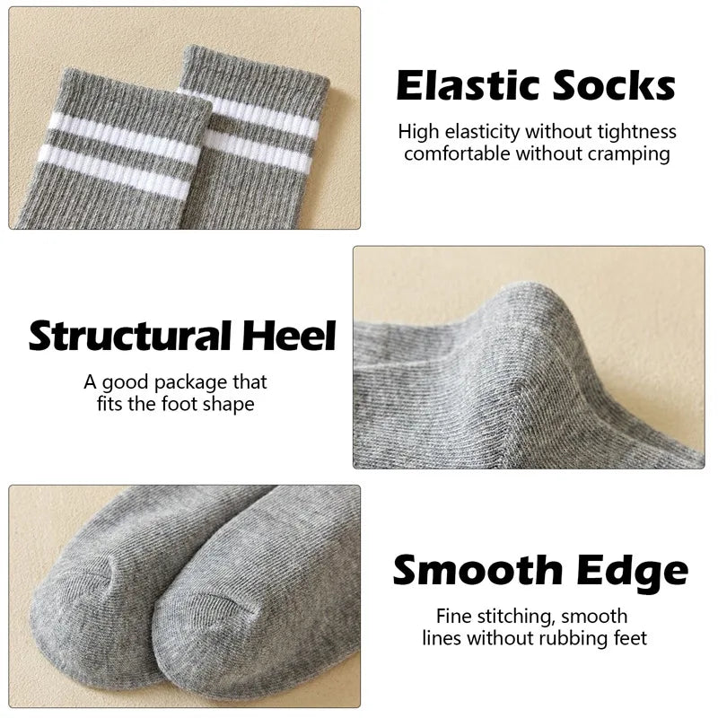 5 Pairs Women'S Mid Length Socks Solid Color Parallel Stripe Simple Fashionable Sports Sweat-Absorbing High-Quality Girls' Socks