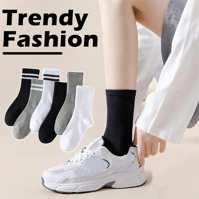 5 Pairs Women'S Mid Length Socks Solid Color Parallel Stripe Simple Fashionable Sports Sweat-Absorbing High-Quality Girls' Socks