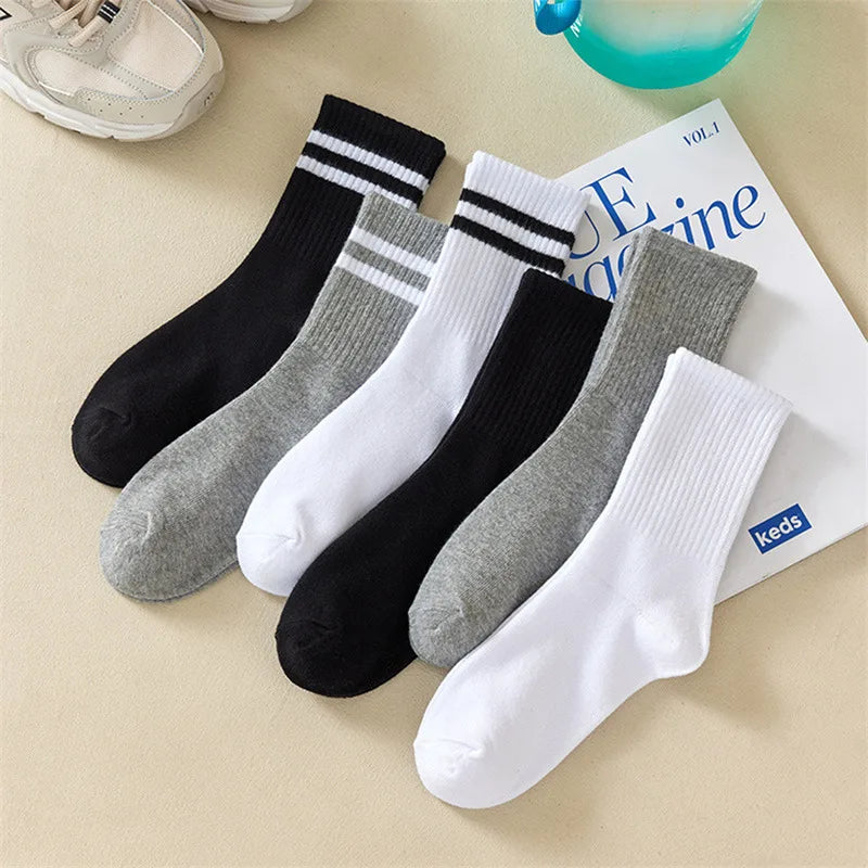 5 Pairs Women'S Mid Length Socks Solid Color Parallel Stripe Simple Fashionable Sports Sweat-Absorbing High-Quality Girls' Socks