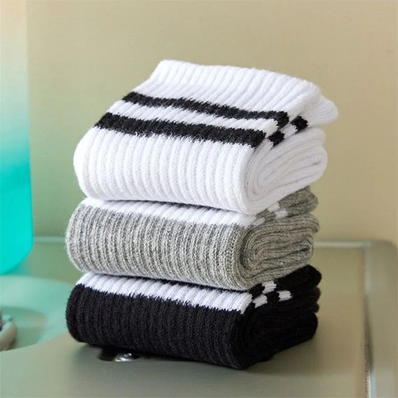 5 Pairs Women'S Mid Length Socks Solid Color Parallel Stripe Simple Fashionable Sports Sweat-Absorbing High-Quality Girls' Socks