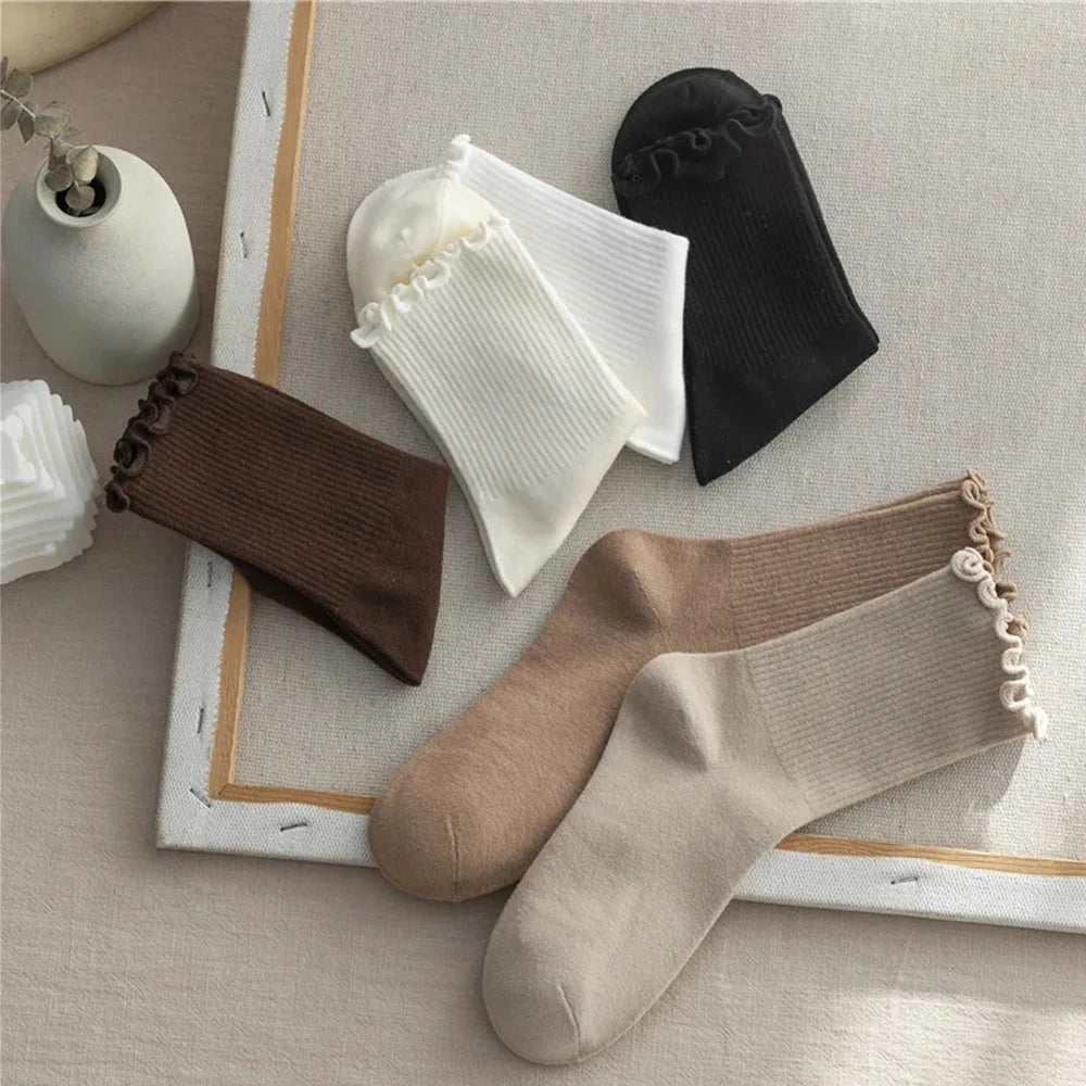 6 Pairs/Lot Women's Ruffled Mid Length Socks Breathable Solid Color Set Spring And Autumn Comfort Sweat-absorbing Girls' Socks