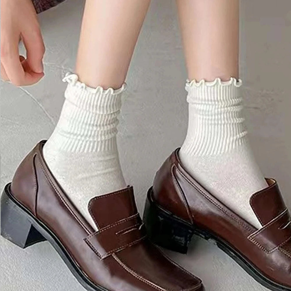 6 Pairs/Lot Women's Ruffled Mid Length Socks Breathable Solid Color Set Spring And Autumn Comfort Sweat-absorbing Girls' Socks
