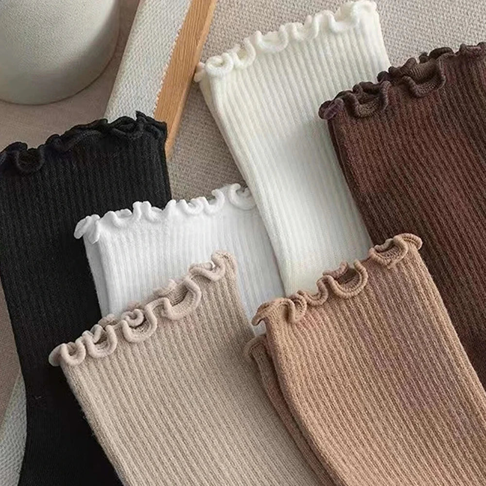 6 Pairs/Lot Women's Ruffled Mid Length Socks Breathable Solid Color Set Spring And Autumn Comfort Sweat-absorbing Girls' Socks