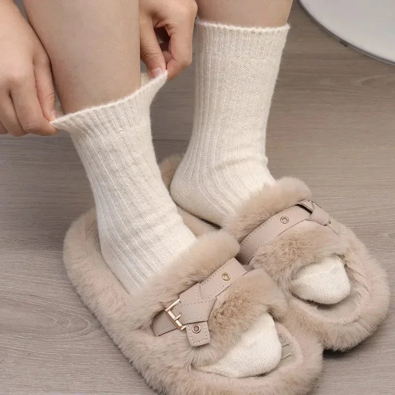 1/2Pairs Korean Winter Thickened Wool Socks Women's Breathable Comfortable Plush Low Tube Snow Socks Simple Warm Cashmere Socks