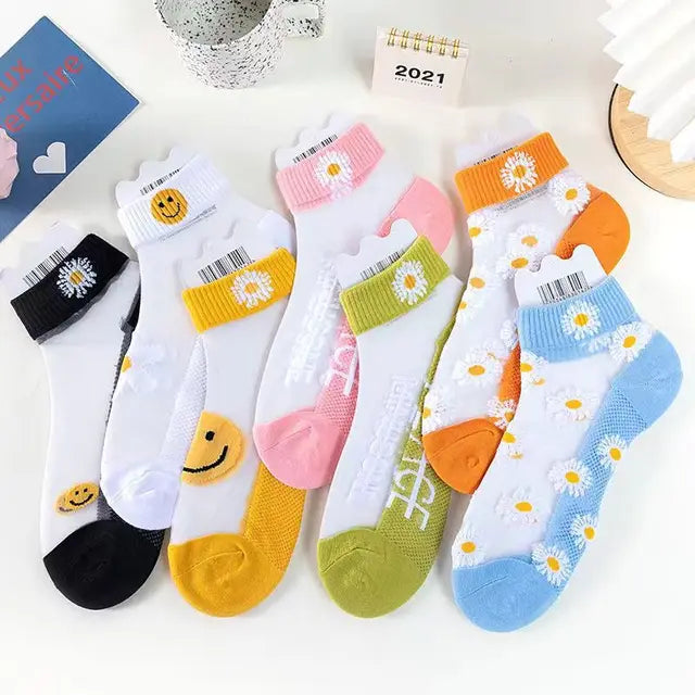 2-5 Pairs Summer Woman Silk Socks Ankle Lace Ultra-thin Girl's Transparent Glass Fiber Fashion Daisy Flower Harajuku Cute Style