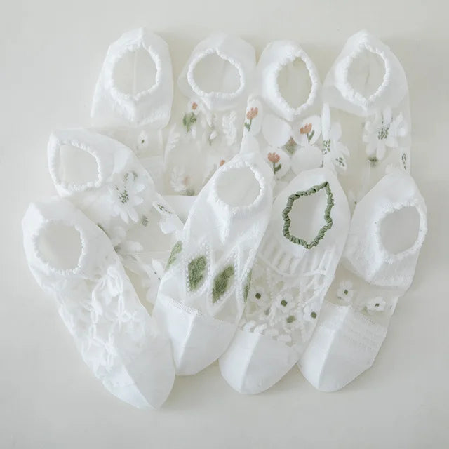 2-5 Pairs Summer Woman Silk Socks Ankle Lace Ultra-thin Girl's Transparent Glass Fiber Fashion Daisy Flower Harajuku Cute Style