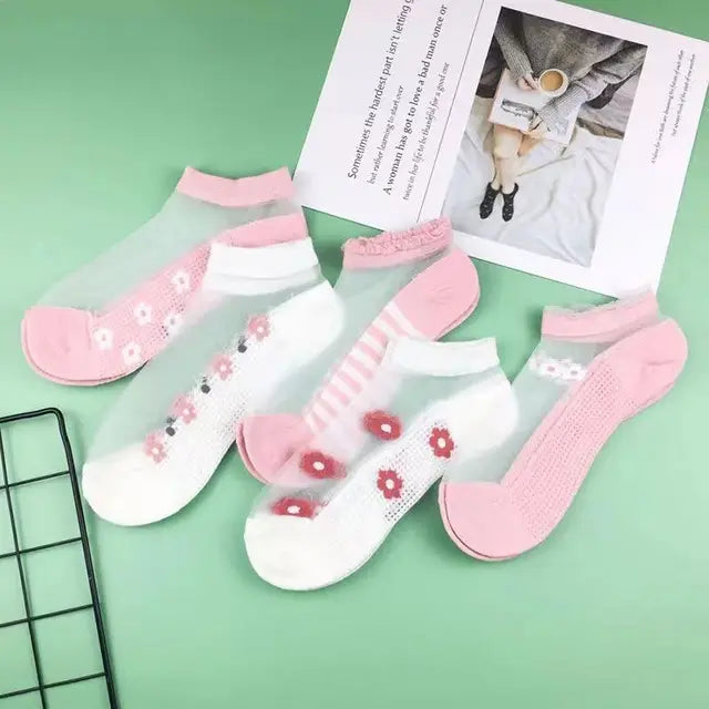 2-5 Pairs Summer Woman Silk Socks Ankle Lace Ultra-thin Girl's Transparent Glass Fiber Fashion Daisy Flower Harajuku Cute Style