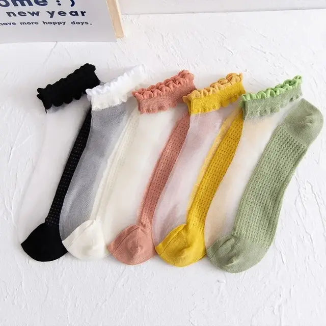 2-5 Pairs Summer Woman Silk Socks Ankle Lace Ultra-thin Girl's Transparent Glass Fiber Fashion Daisy Flower Harajuku Cute Style
