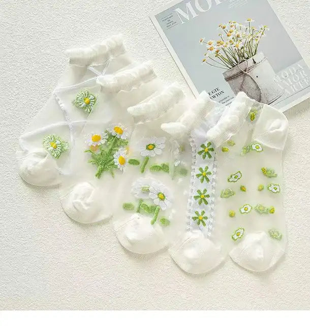 2-5 Pairs Summer Woman Silk Socks Ankle Lace Ultra-thin Girl's Transparent Glass Fiber Fashion Daisy Flower Harajuku Cute Style