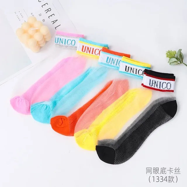 2-5 Pairs Summer Woman Silk Socks Ankle Lace Ultra-thin Girl's Transparent Glass Fiber Fashion Daisy Flower Harajuku Cute Style