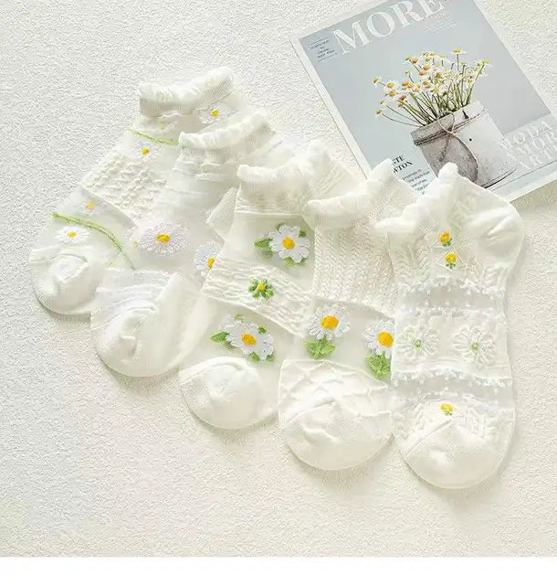 2-5 Pairs Summer Woman Silk Socks Ankle Lace Ultra-thin Girl's Transparent Glass Fiber Fashion Daisy Flower Harajuku Cute Style