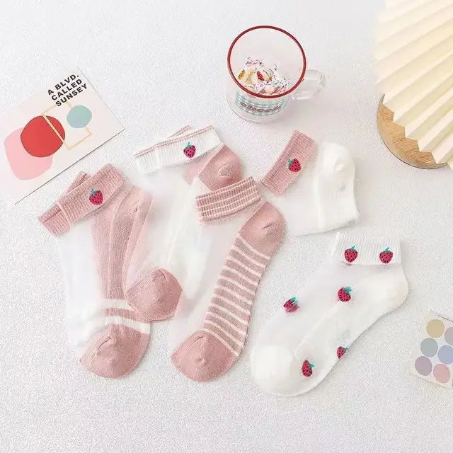2-5 Pairs Summer Woman Silk Socks Ankle Lace Ultra-thin Girl's Transparent Glass Fiber Fashion Daisy Flower Harajuku Cute Style