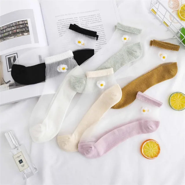 2-5 Pairs Summer Woman Silk Socks Ankle Lace Ultra-thin Girl's Transparent Glass Fiber Fashion Daisy Flower Harajuku Cute Style