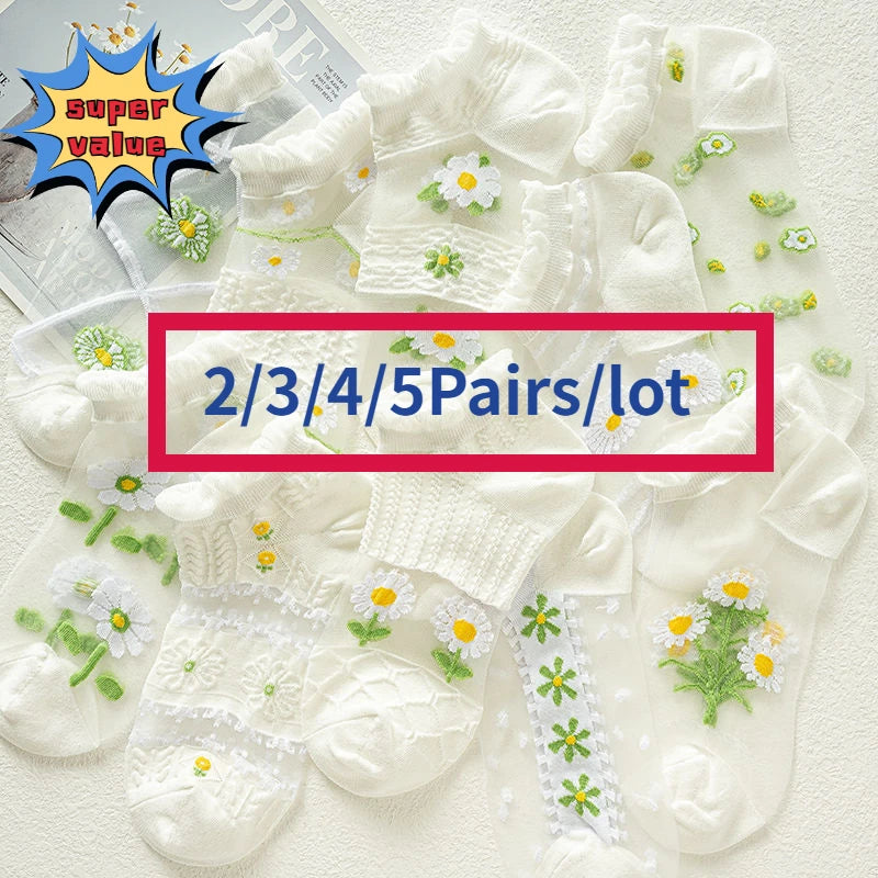2-5 Pairs Summer Woman Silk Socks Ankle Lace Ultra-thin Girl's Transparent Glass Fiber Fashion Daisy Flower Harajuku Cute Style