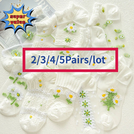 2-5 Pairs Summer Woman Silk Socks Ankle Lace Ultra-thin Girl's Transparent Glass Fiber Fashion Daisy Flower Harajuku Cute Style