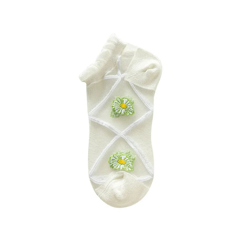 2-5 Pairs Summer Woman Silk Socks Ankle Lace Ultra-thin Girl's Transparent Glass Fiber Fashion Daisy Flower Harajuku Cute Style