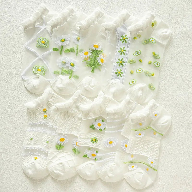 2-5 Pairs Summer Woman Silk Socks Ankle Lace Ultra-thin Girl's Transparent Glass Fiber Fashion Daisy Flower Harajuku Cute Style