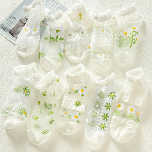 2-5 Pairs Summer Woman Silk Socks Ankle Lace Ultra-thin Girl's Transparent Glass Fiber Fashion Daisy Flower Harajuku Cute Style