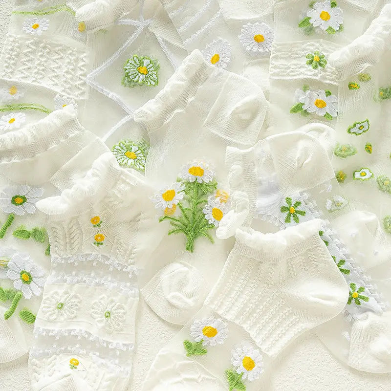 2-5 Pairs Summer Woman Silk Socks Ankle Lace Ultra-thin Girl's Transparent Glass Fiber Fashion Daisy Flower Harajuku Cute Style