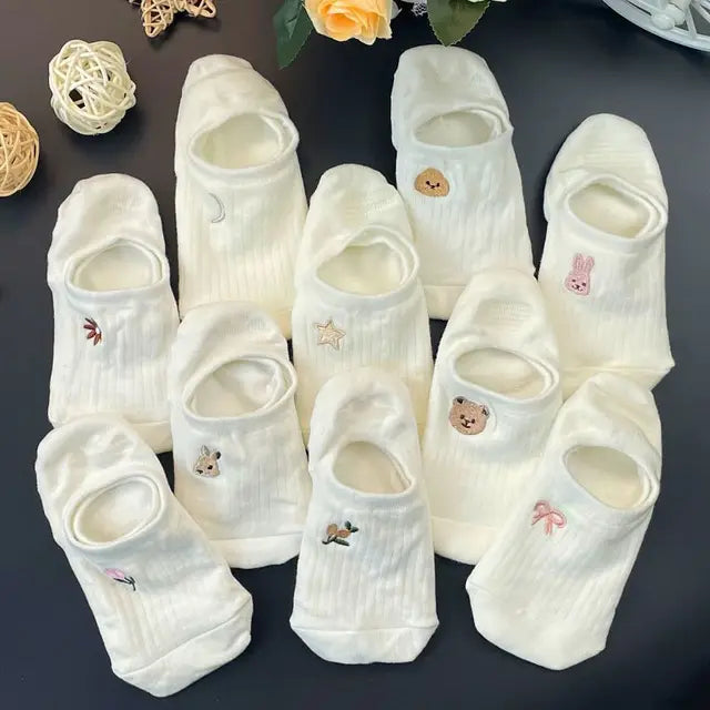 2-6Pairs Summer Woman Silk Socks Ankle Lace Ultra-thin Girl's Transparent Glass Fiber Fashion Blue flowers Harajuku Cute Style