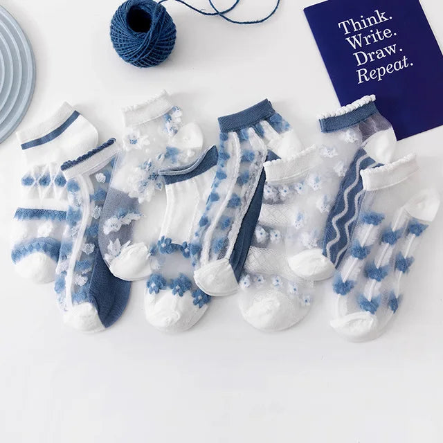 2-6Pairs Summer Woman Silk Socks Ankle Lace Ultra-thin Girl's Transparent Glass Fiber Fashion Blue flowers Harajuku Cute Style