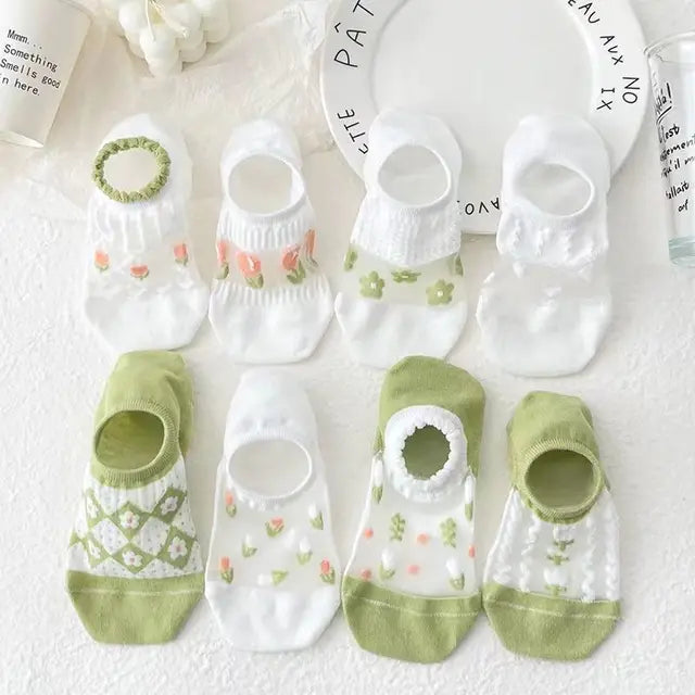 2-6Pairs Summer Woman Silk Socks Ankle Lace Ultra-thin Girl's Transparent Glass Fiber Fashion Blue flowers Harajuku Cute Style