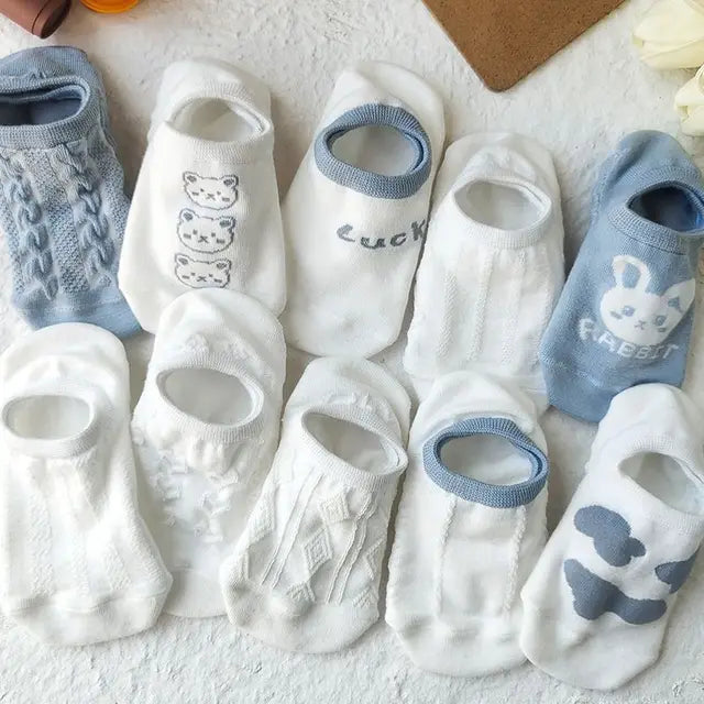 2-6Pairs Summer Woman Silk Socks Ankle Lace Ultra-thin Girl's Transparent Glass Fiber Fashion Blue flowers Harajuku Cute Style