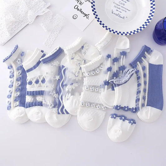 2-6Pairs Summer Woman Silk Socks Ankle Lace Ultra-thin Girl's Transparent Glass Fiber Fashion Blue flowers Harajuku Cute Style