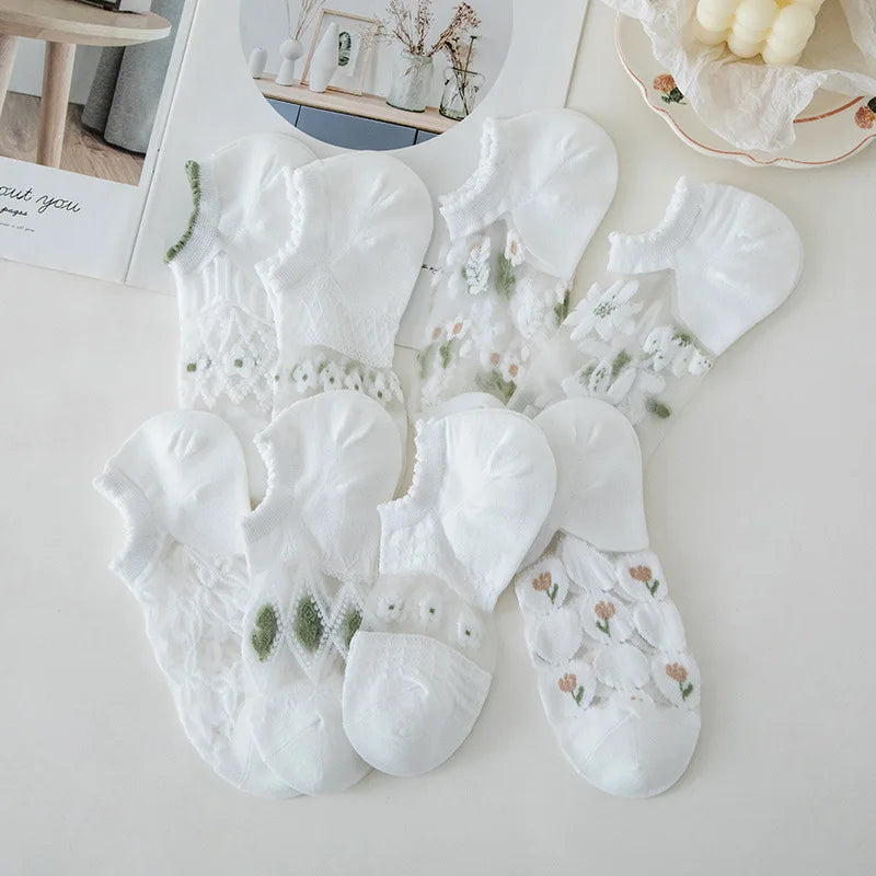 2-6Pairs Summer Woman Silk Socks Ankle Lace Ultra-thin Girl's Transparent Glass Fiber Fashion Blue flowers Harajuku Cute Style