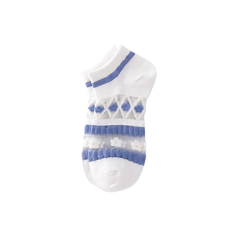 2-6Pairs Summer Woman Silk Socks Ankle Lace Ultra-thin Girl's Transparent Glass Fiber Fashion Blue flowers Harajuku Cute Style