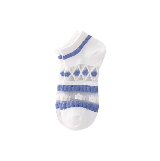 2-6Pairs Summer Woman Silk Socks Ankle Lace Ultra-thin Girl's Transparent Glass Fiber Fashion Blue flowers Harajuku Cute Style