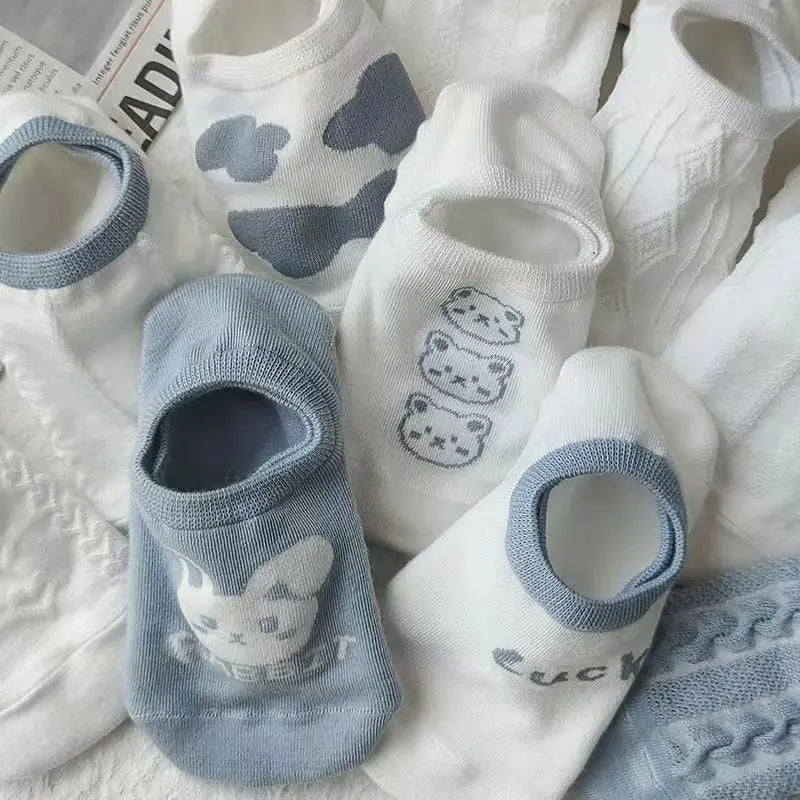 2-6Pairs Summer Woman Silk Socks Ankle Lace Ultra-thin Girl's Transparent Glass Fiber Fashion Blue flowers Harajuku Cute Style