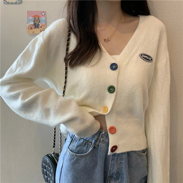 2021 New Korean Sweet Cardigan Sweater Women Single Breasted V-neck Long-sleeved Knitted Jacket S-4XL Short Cardigan 6 colors