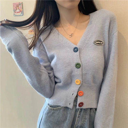 2021 New Korean Sweet Cardigan Sweater Women Single Breasted V-neck Long-sleeved Knitted Jacket S-4XL Short Cardigan 6 colors