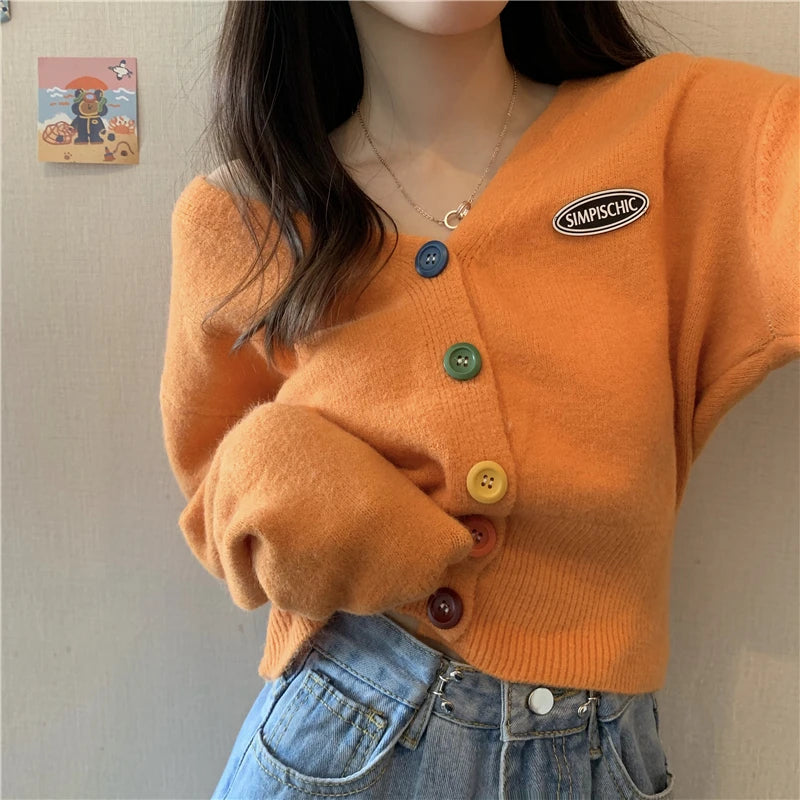 2021 New Korean Sweet Cardigan Sweater Women Single Breasted V-neck Long-sleeved Knitted Jacket S-4XL Short Cardigan 6 colors