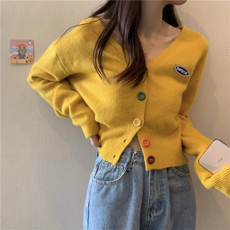 2021 New Korean Sweet Cardigan Sweater Women Single Breasted V-neck Long-sleeved Knitted Jacket S-4XL Short Cardigan 6 colors