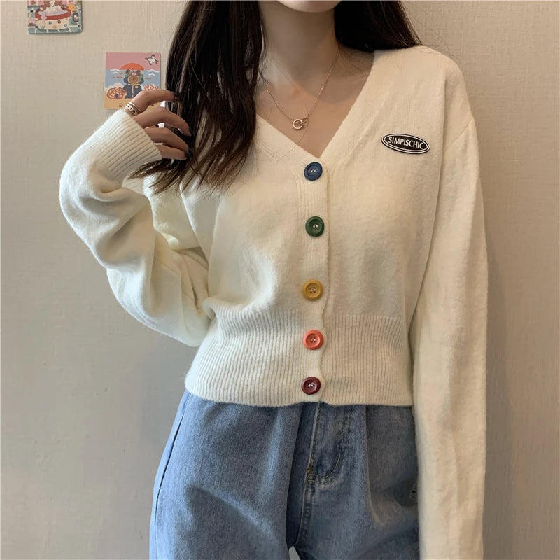 2021 New Korean Sweet Cardigan Sweater Women Single Breasted V-neck Long-sleeved Knitted Jacket S-4XL Short Cardigan 6 colors