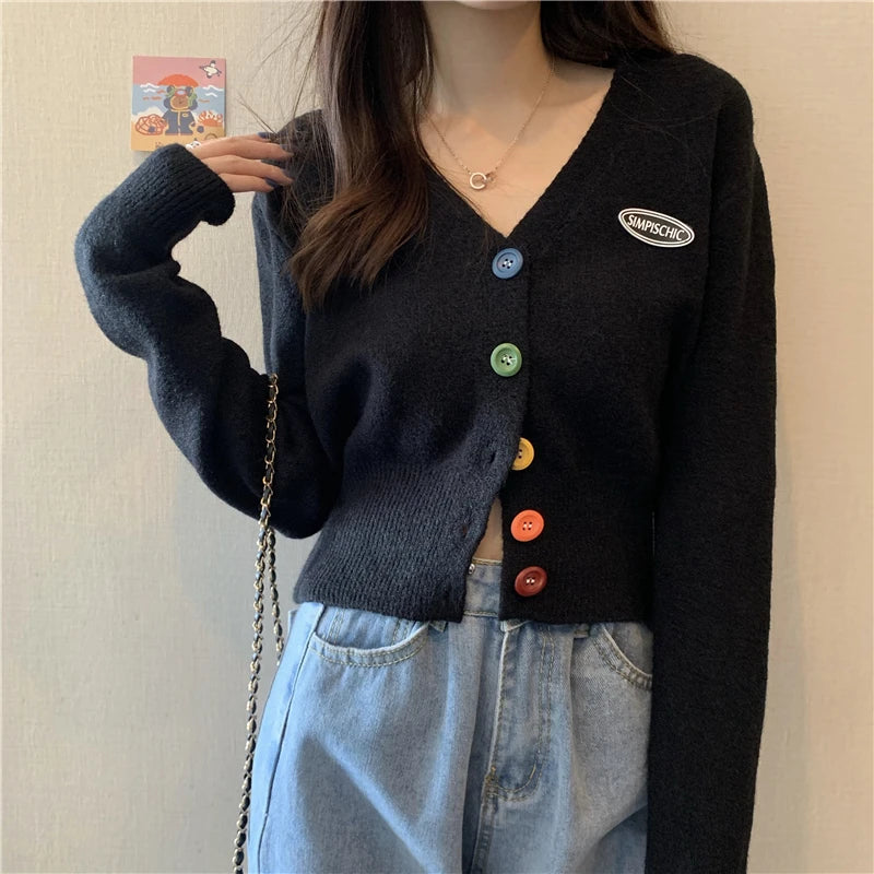 2021 New Korean Sweet Cardigan Sweater Women Single Breasted V-neck Long-sleeved Knitted Jacket S-4XL Short Cardigan 6 colors