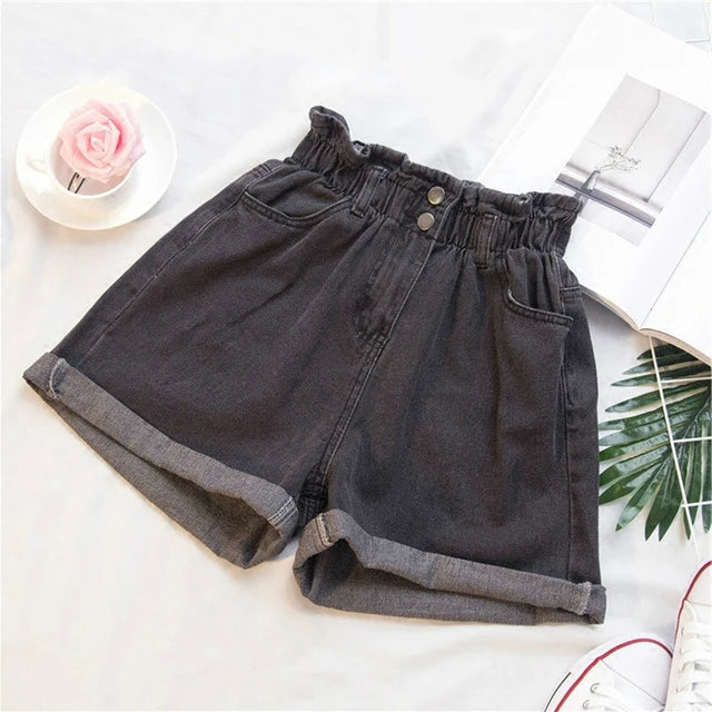 2021 Summer High Waist Denim Shorts Women Casual Loose Ladies Fashion Roll Up Hem Elastic Waist Jeans Female Plus Size S-5XL