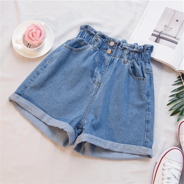 2021 Summer High Waist Denim Shorts Women Casual Loose Ladies Fashion Roll Up Hem Elastic Waist Jeans Female Plus Size S-5XL