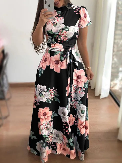 2023 Autumn New European and American Flower Print Short Sleeve Large Swing Dress for Women