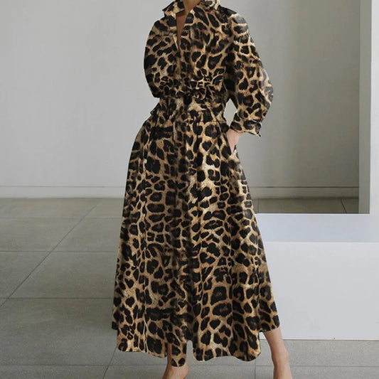 2023 Autumn/Winter Women's Fashion Luxury Leopard Print Unique Pullover POLO Neck Shirt Sleeves High Waist Loose Swing Dress