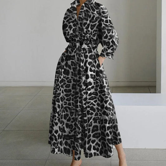 2023 Autumn/Winter Women's Fashion Luxury Leopard Print Unique Pullover POLO Neck Shirt Sleeves High Waist Loose Swing Dress