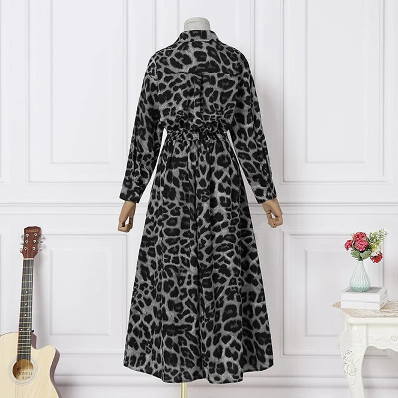 2023 Autumn/Winter Women's Fashion Luxury Leopard Print Unique Pullover POLO Neck Shirt Sleeves High Waist Loose Swing Dress