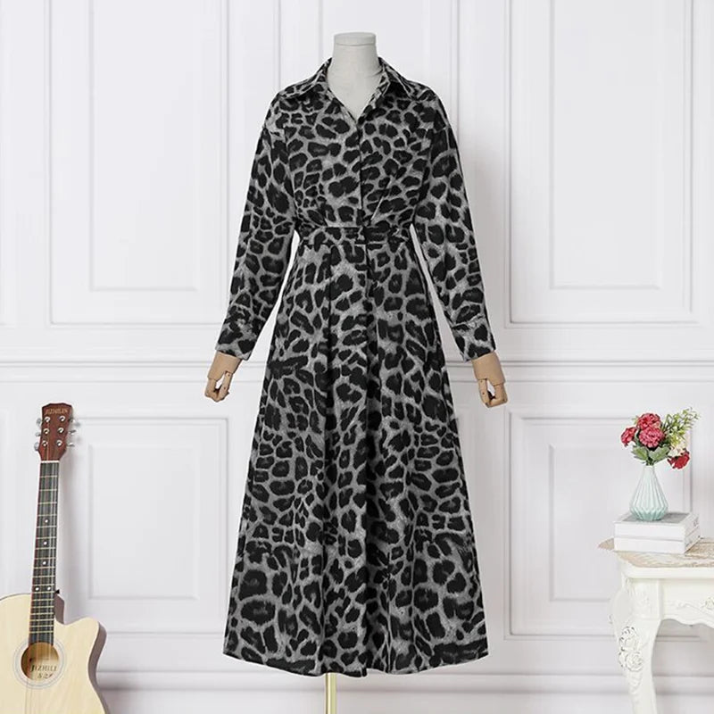 2023 Autumn/Winter Women's Fashion Luxury Leopard Print Unique Pullover POLO Neck Shirt Sleeves High Waist Loose Swing Dress