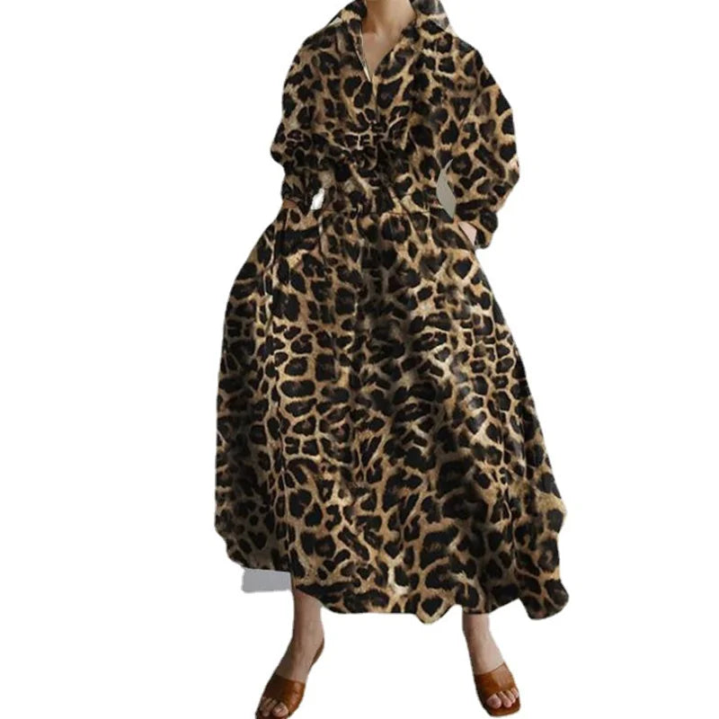 2023 Autumn/Winter Women's Fashion Luxury Leopard Print Unique Pullover POLO Neck Shirt Sleeves High Waist Loose Swing Dress