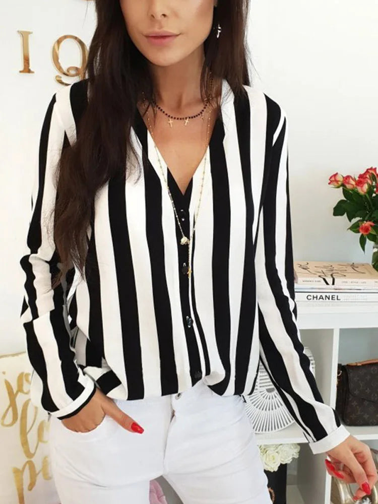 2023 New Blouse Women Casual Striped Top Shirts Blouses Female Loose Blusas Autumn Fall Casual Ladies Office Blouses Top Sexy