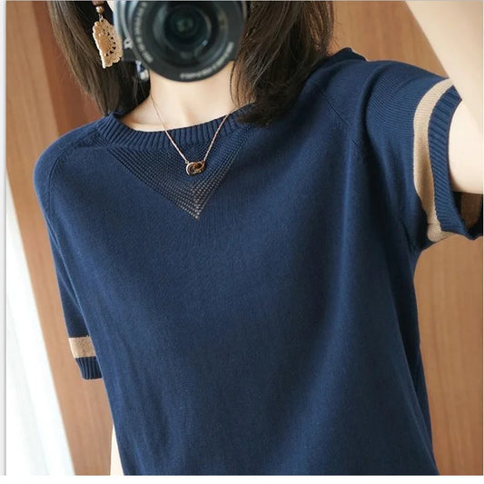 2023 New Short Sleeve Women's T-Shirt High Quality Korean Version Loose Patchwork Jacket Mesh Large Size Knitwear Casual Fashion