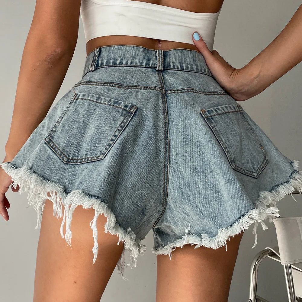 2023 New Women Denim Shorts With Holes And High Waist Loose Tassel Jeans S-XXL