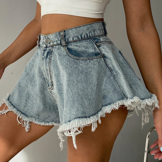 2023 New Women Denim Shorts With Holes And High Waist Loose Tassel Jeans S-XXL